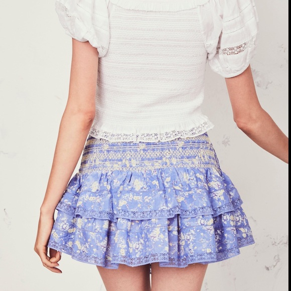 Loveshackfancy Mira Smocked Mini Ruffle Skirt tie blue jay lace trim - Picture 4 of 17